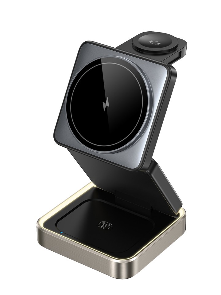 Foldable zinc alloy 3-in-1 wireless charger for phone, watch, and earbuds.