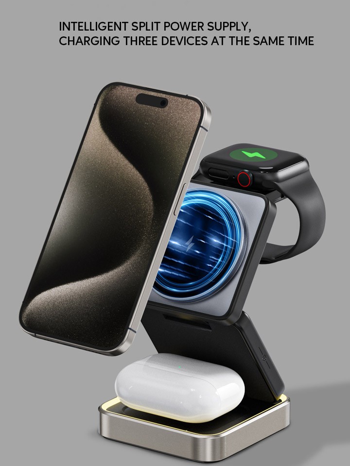 Strong magnetic hold of the 2024 Premium Zinc Alloy 3-in-1 Magnetic Wireless Charger on a smartphone