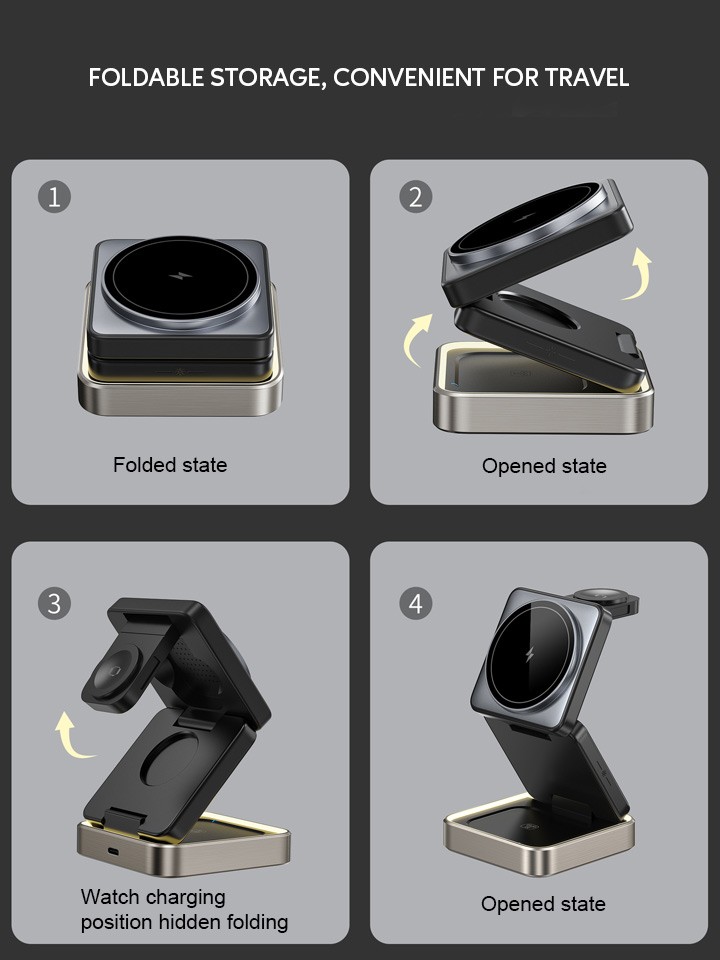 2024 Premium Zinc Alloy 3-in-1 Magnetic Wireless Charger in folded, unfolded, back view, and fully extended states