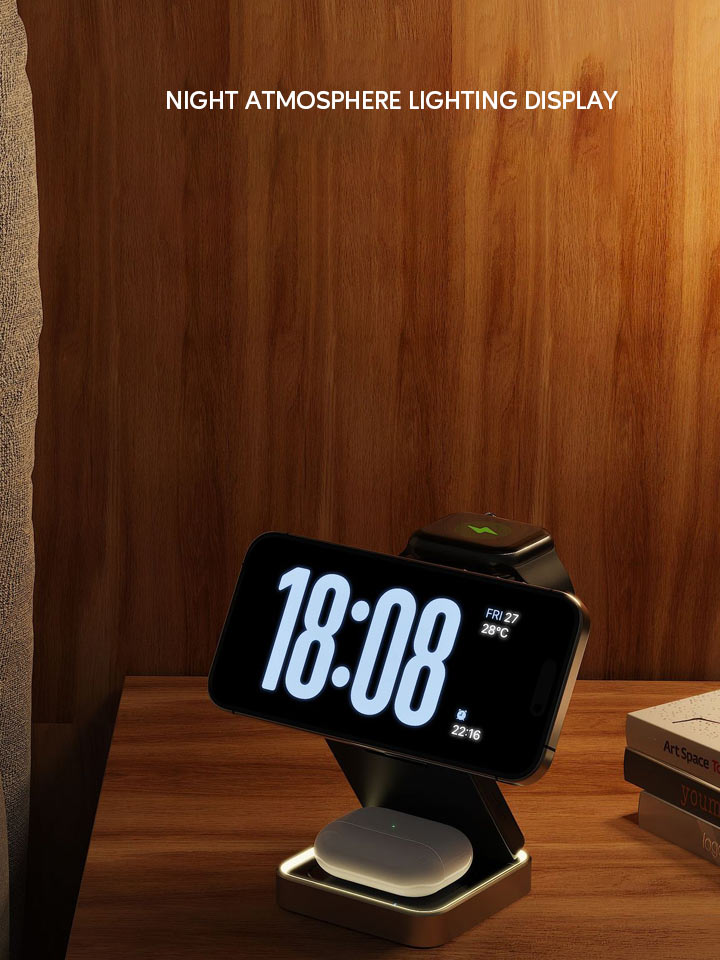2024 Premium Zinc Alloy 3-in-1 Magnetic Wireless Charger with night light on bedside table, charging phone, watch, and earbuds