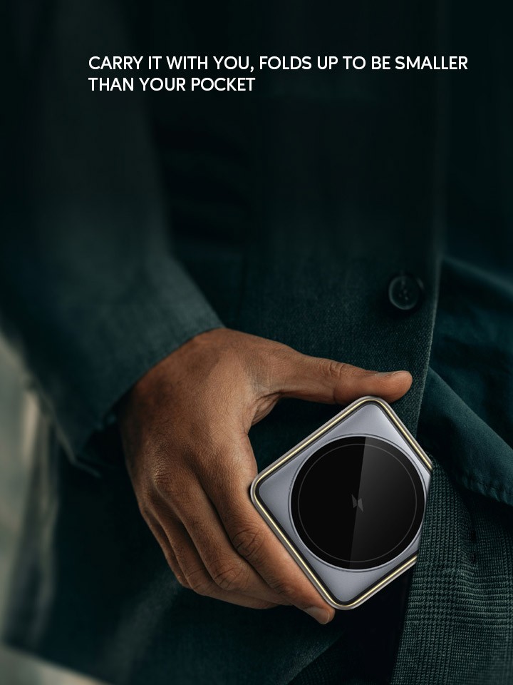 Foldable 2024 Premium Zinc Alloy 3-in-1 Magnetic Wireless Charger fitting into a pocket