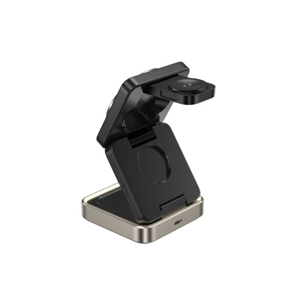 Back view of foldable zinc alloy 3-in-1 wireless charger in expanded state