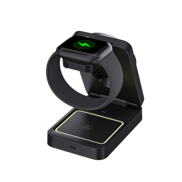 Back view of 3-in-1 wireless charger showing smartwatch charging on white background