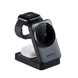 Front view of 3-in-1 wireless charger with smartwatch and earbuds charging