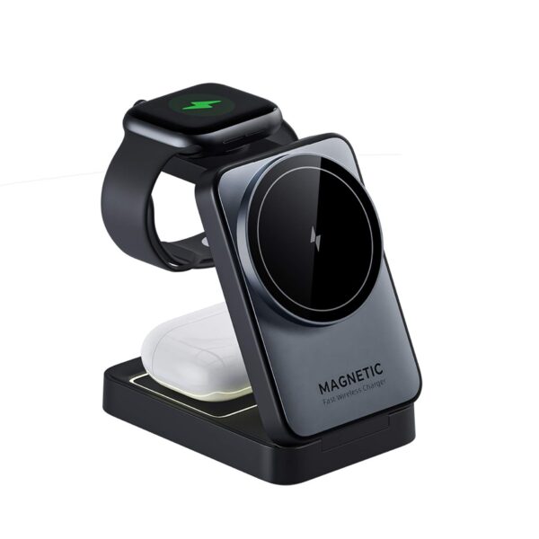 Front view of 3-in-1 wireless charger with smartwatch and earbuds charging