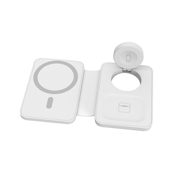 3 in 1 foldable wireless charger fully extended on white background