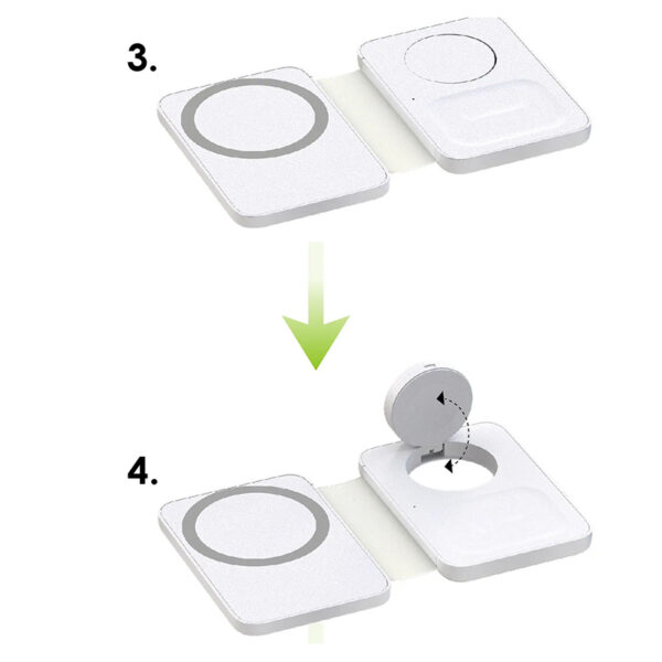 3 in 1 foldable wireless charger fully extended with smartwatch charging area upright on white background